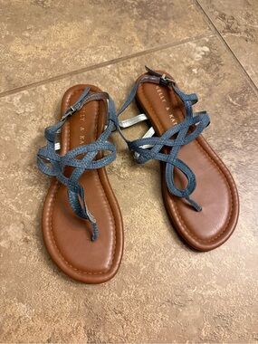 Kelly & Katie Denim Blue Braided Strap Sandals with Brown Footbed